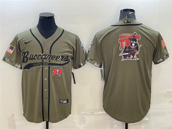 Men's Tampa Bay Buccaneers Olive 2022 Salute To Service Team Big Logo Cool Base Stitched Baseball Jersey